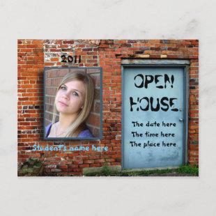 Blue door brick wall open house invitation postcard