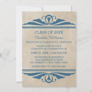 Blue Elegant Deco Graduation Invite