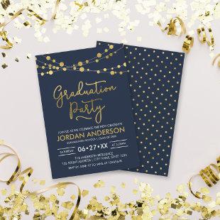 Blue Faux Gold Strings of Lights Graduation Party Invitation