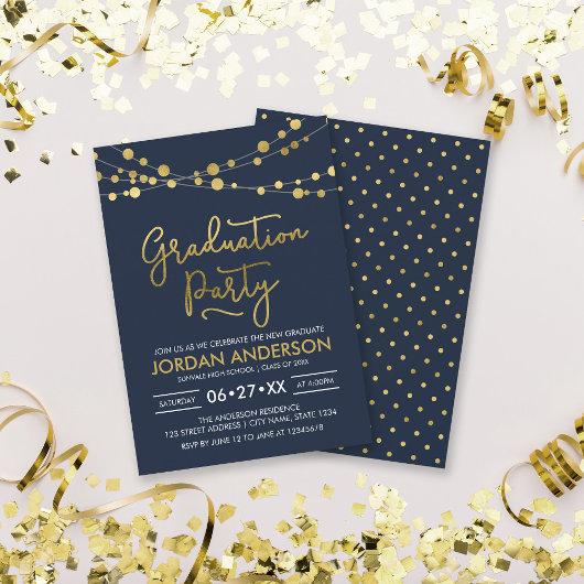 Blue Faux Gold Strings of Lights Graduation Party Invitation