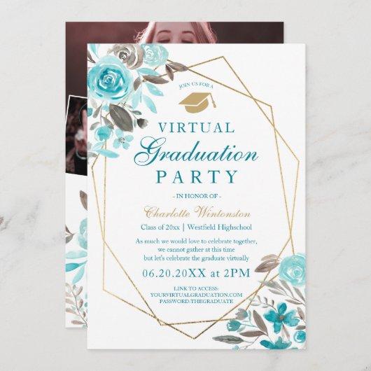 Blue floral gold frame photos virtual Graduation Invitation