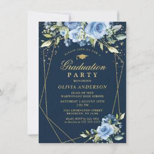 Blue Floral Gold Glitter  School Graduation Party Invitation