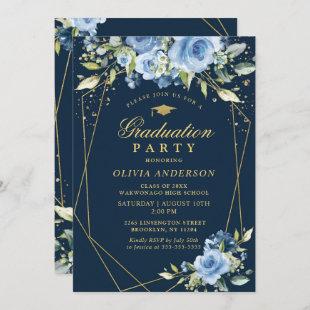 Blue Floral Gold Glitter  School Graduation Party Invitation