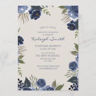 Blue Floral Green Leaves Graduation Party Invitation