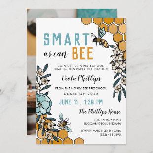 Blue Floral Smart As Can Bee Preschool Graduation Invitation