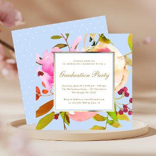 Blue Floral Watercolor with Dots Graduation Party Invitation