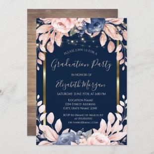 Blue Flowers,Lights, Wood, Frame Graduation Party Invitation