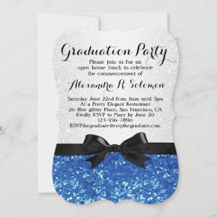 Blue Glitter-look Bow Graduation Party Invitation