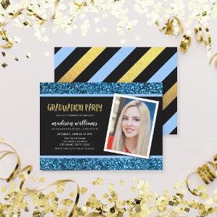 Blue Glitter Photo Graduation Party Invitation