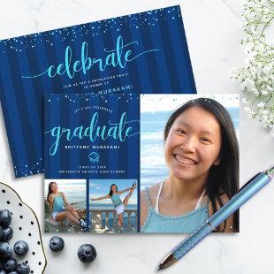 Blue glitter script graduation 3 photo collage invitation