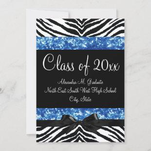 Blue Glitter Zebra Bow Graduation Invite