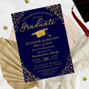 Blue Gold Confetti Graduation Party Invitation
