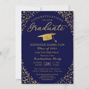 Blue Gold Confetti Graduation Party Invitation