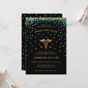 Blue & Gold Confetti Nursing Graduation Invitation