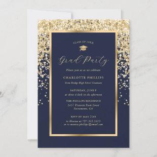 Blue Gold Confetti Script Photo Graduation Party Invitation