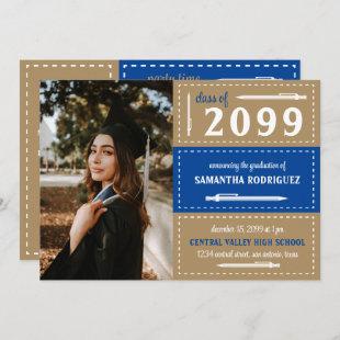 Blue & Gold Dotted Boxes and Pencils Graduation Invitation