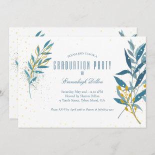 Blue Gold Glitter Botanical Graduation Party Invitation