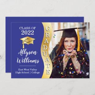 Blue | Gold Graduate Wave Grad Cap Photo Announcement