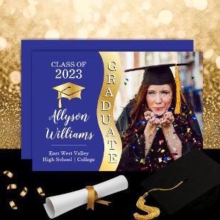 Blue | Gold Graduate Wave Grad Cap Photo Announcement