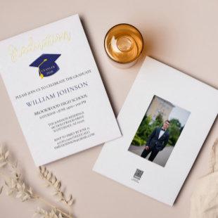 Blue Gold Graduation Cap & Tassel Foil Invitation
