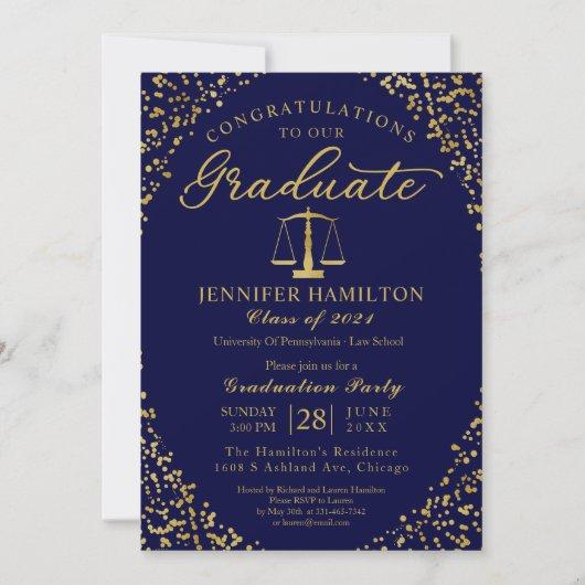 Blue Gold Law School Graduation Party Invitation