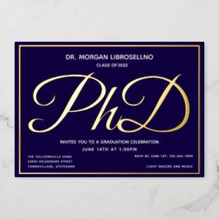 Blue Gold PhD Graduation Foil Invitation