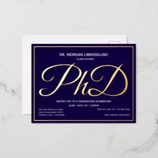 Blue Gold PhD Graduation  Foil Invitation Postcard