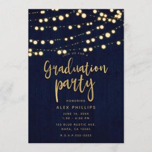 Blue Gold Rustic Wood & Lights Graduation Party Invitation