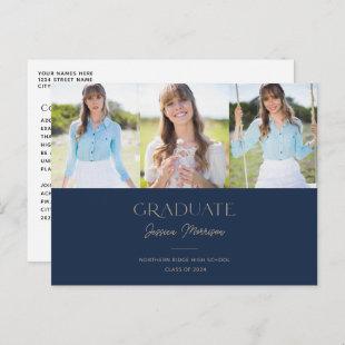 Blue Graduate Statement Name 3-Photo Graduation Postcard