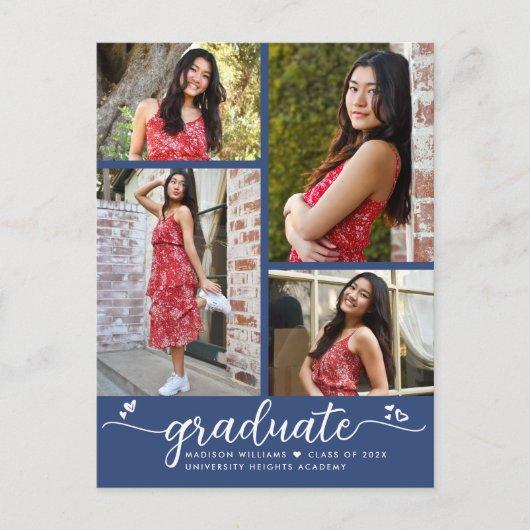 Blue Graduation 4 Photo Modern Girly Script Hearts Invitation Postcard