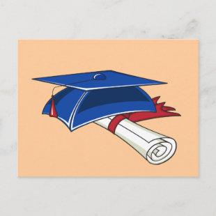 Blue graduation hat with a scroll and a red band announcement postcard