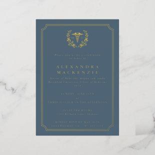 Blue-Gray MD Caduceus+Laurel Wreath Graduation Foil Invitation