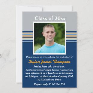 Blue, Gray, Orange Photo Graduation Invitation