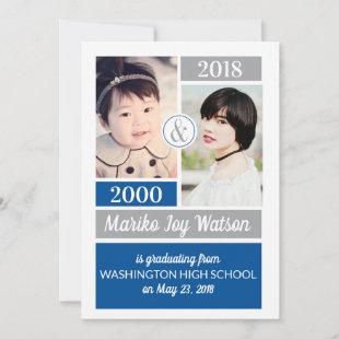 Blue Gray School Colors Then and Now Graduation Invitation