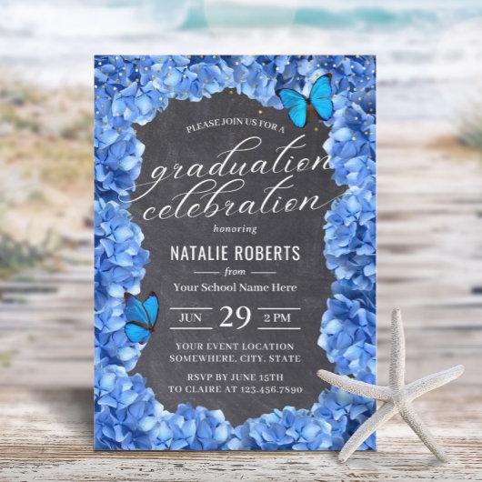 Blue Hydrangea Flower & Butterfly Graduation Party Invitation