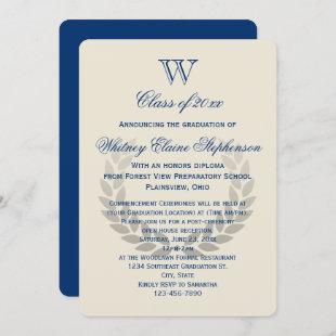 Blue Letter Monogram Classic College Graduation Invitation