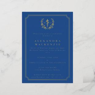 Blue MD Asclepius+Laurel Wreath Graduation Foil Invitation