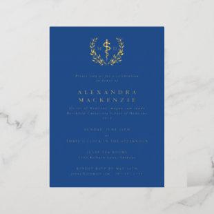 Blue MD Asclepius+Laurel Wreath Graduation Party Foil Invitation