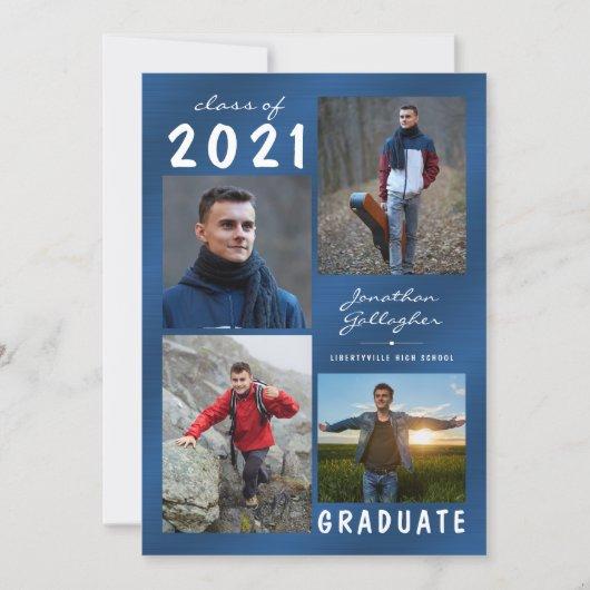 Blue Metallic 5 Photo Collage 2021 Graduation Announcement