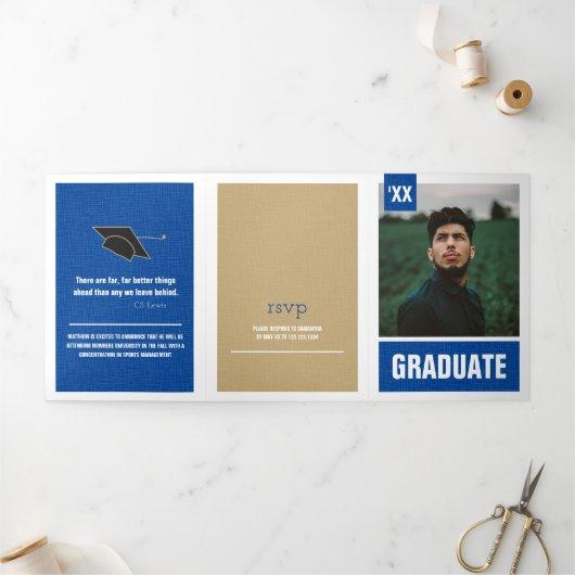 Blue Modern Textured Photo Graduation Tri-Fold Invitation