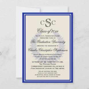 Blue Monogram Laurel Classic College Graduation Invitation