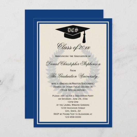 Blue Monogram Laurel Classic College Graduation Invitation