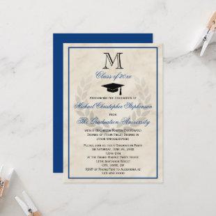 Blue Monogram Wreath Classic College Graduation Invitation