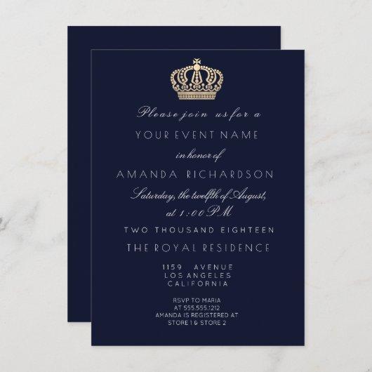 Blue Navy Golden Crown Royal Glitter 16th Bridal Invitation