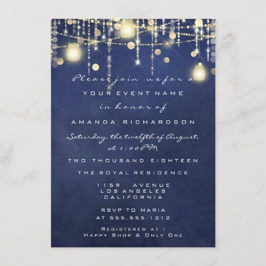 Blue Navy Rustic Gold Lights Jar Bridal Shower Invitation