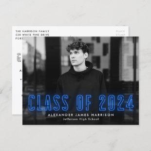 Blue Neon Class of 2024 Photo Graduation Party Invitation Postcard