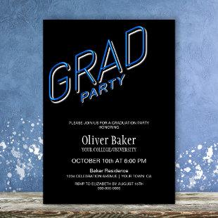 Blue Neon Sign Black Graduation Party Invitation