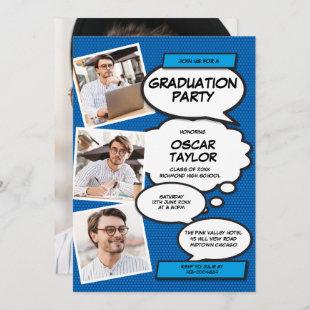 Blue Photo Collage Modern Fun Graduation Party Invitation