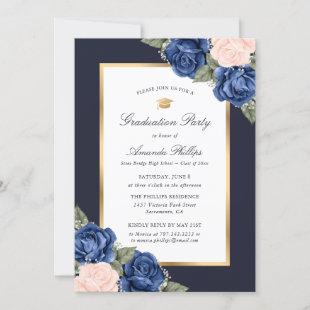 Blue Pink Gold Watercolor Floral Graduation Party Invitation