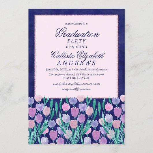 Blue Pink Tulips Floral Watercolor Graduation Invitation